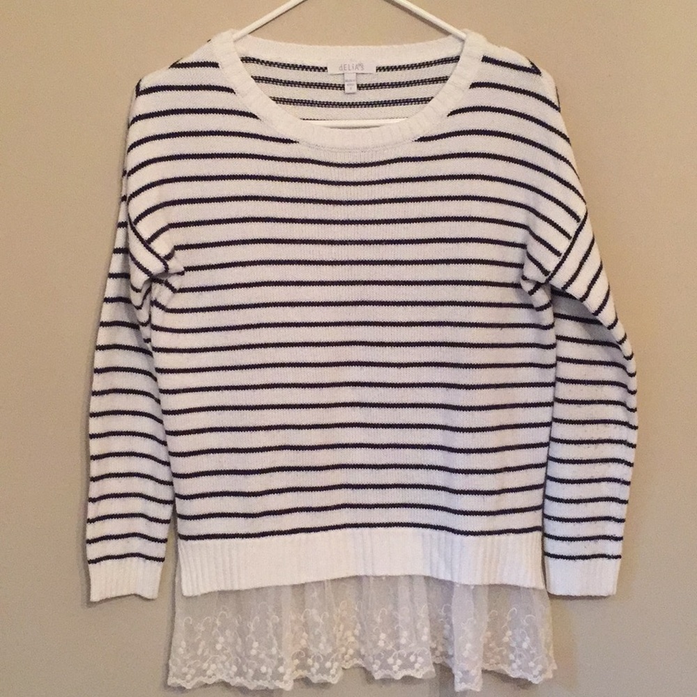 Striped sweater with lace trim at hem